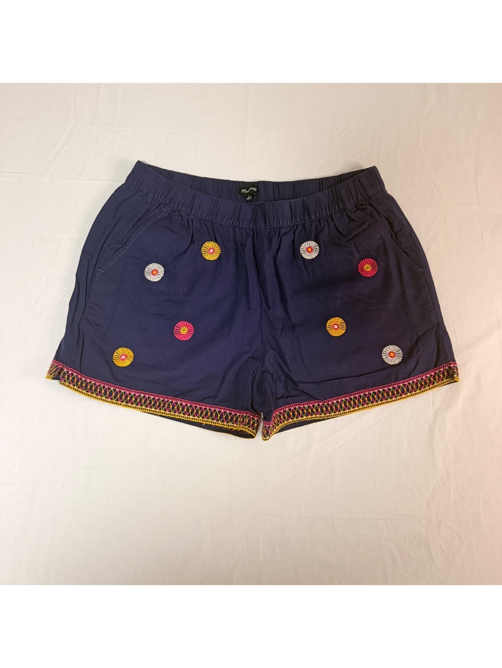 Navy Blue Embroidered Shorts with Elastic Waistband